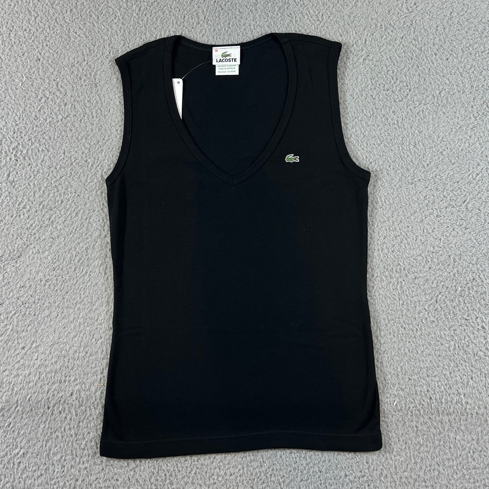 Lacoste Tank Top Women US Size M (EU/6) Black V-Neck Cotton Ribbed Crocodile